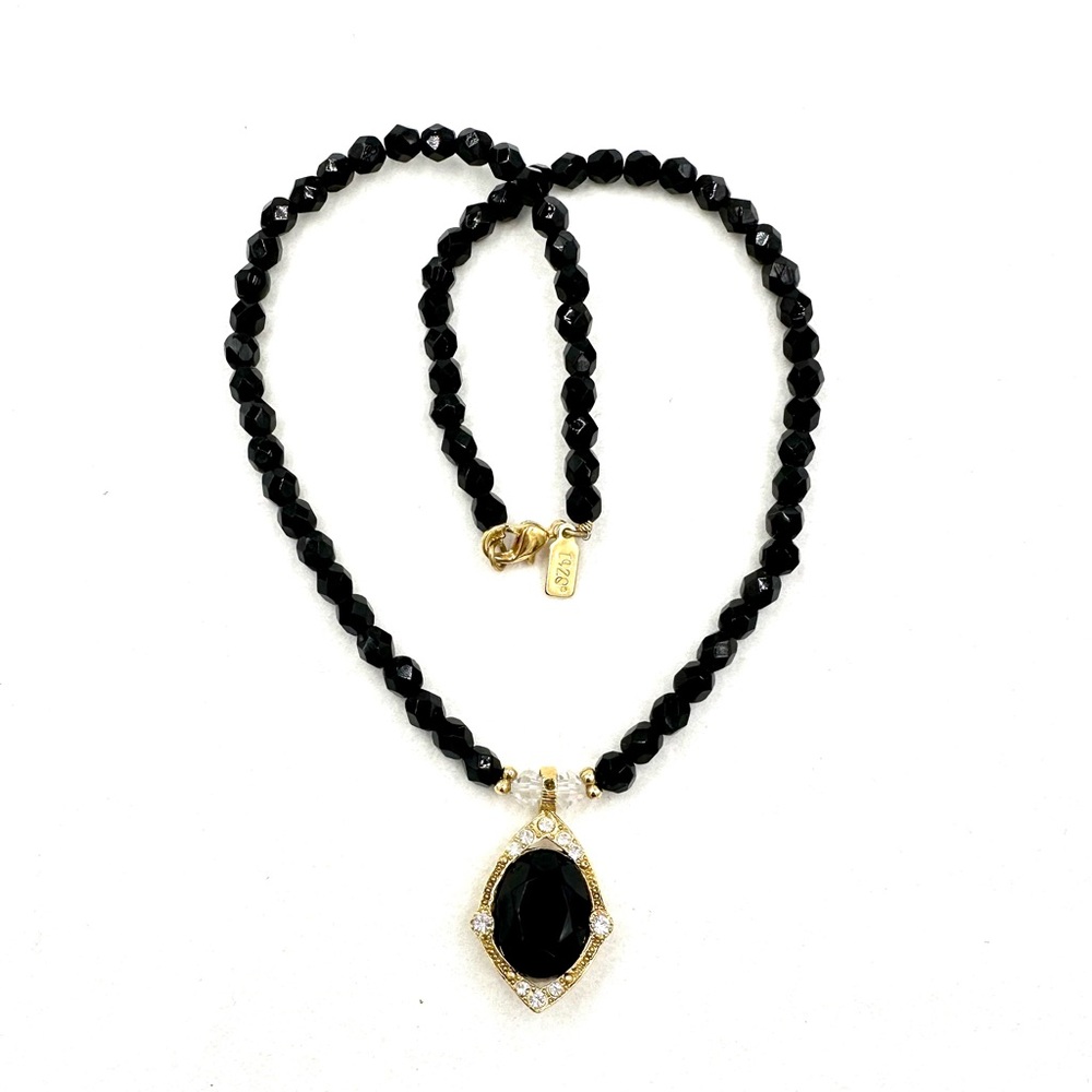 1928 Art Deco Style Black Beaded Necklace Gold Tone Rhinestone Pendant
